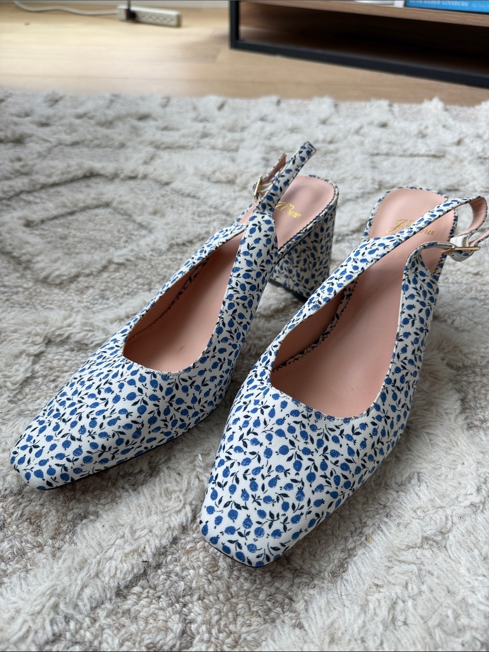 J. Crew Blue Floral Slingback Block Heels